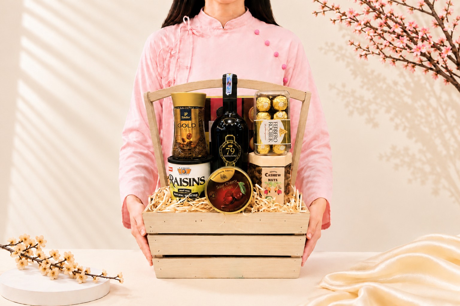 Giỏ Quà Tết Gỗ Giá Rẻ GQT2101 | WineVN