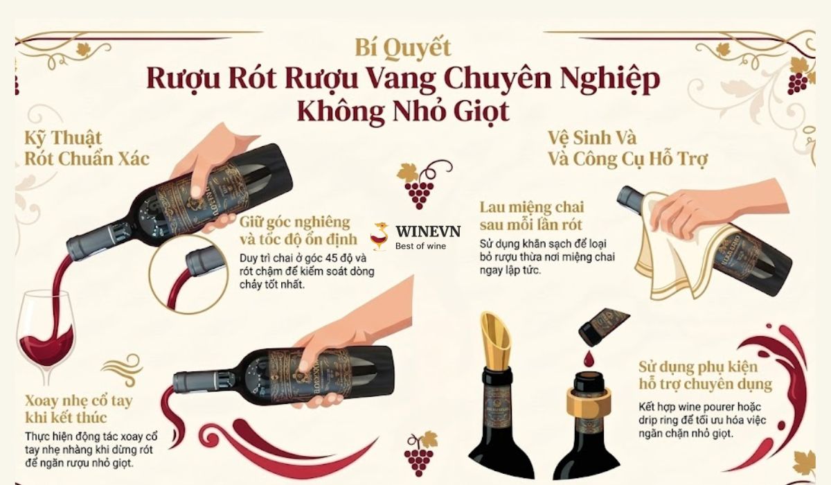 Mẹo rót rượu vang không bị nhỏ giọt