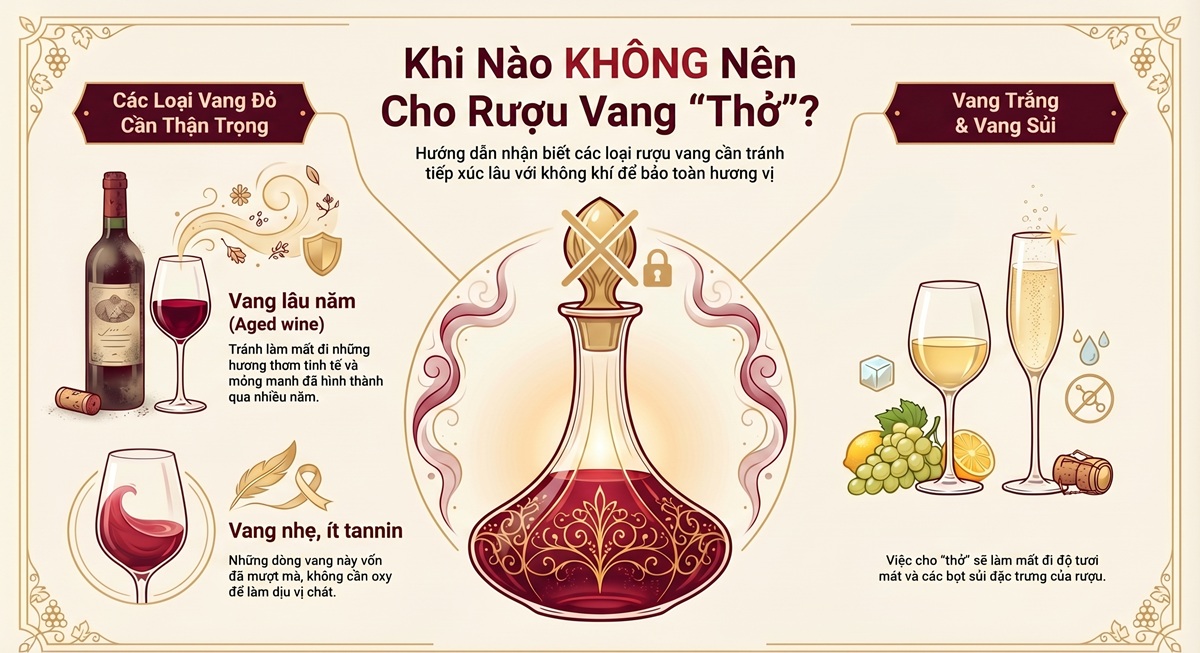 Rượu vang không nên cho thở