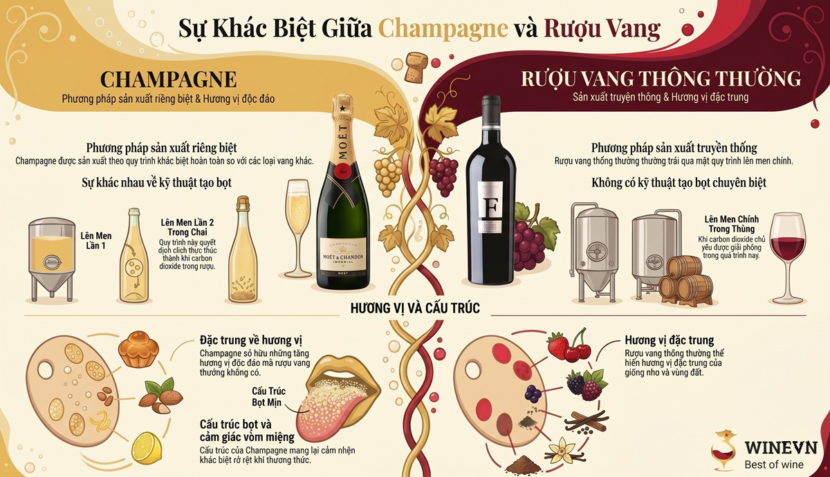 So sánh rượu vang và Champagne