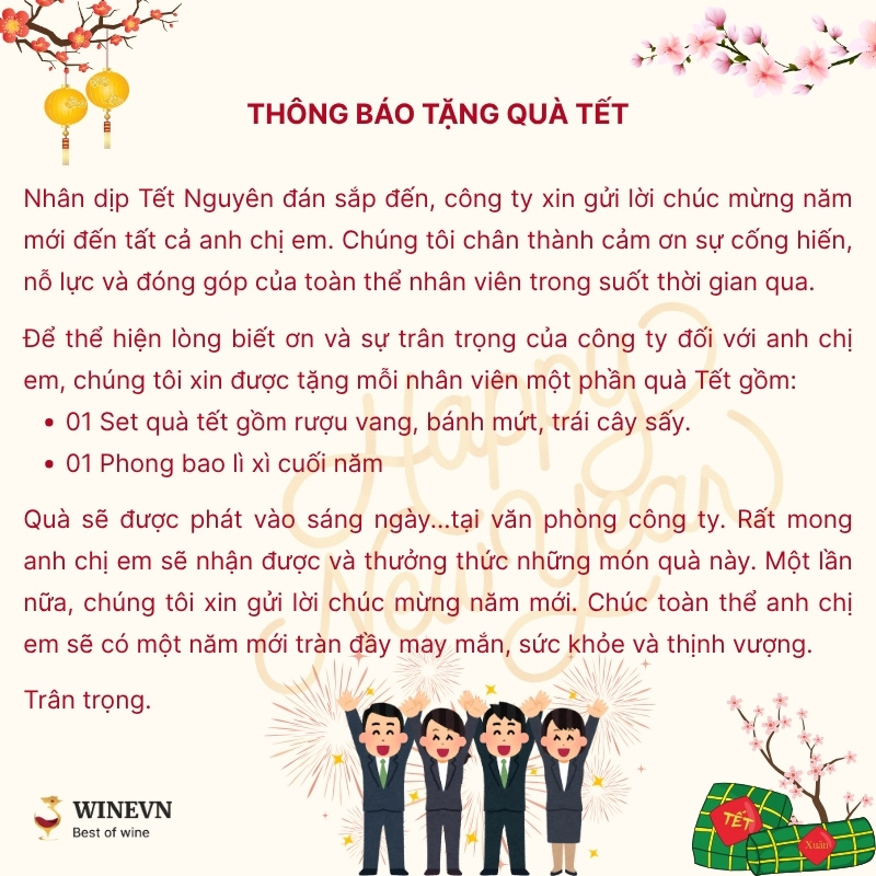 Mẫu thông báo tặng quà cho nhân viên ngắn gọn