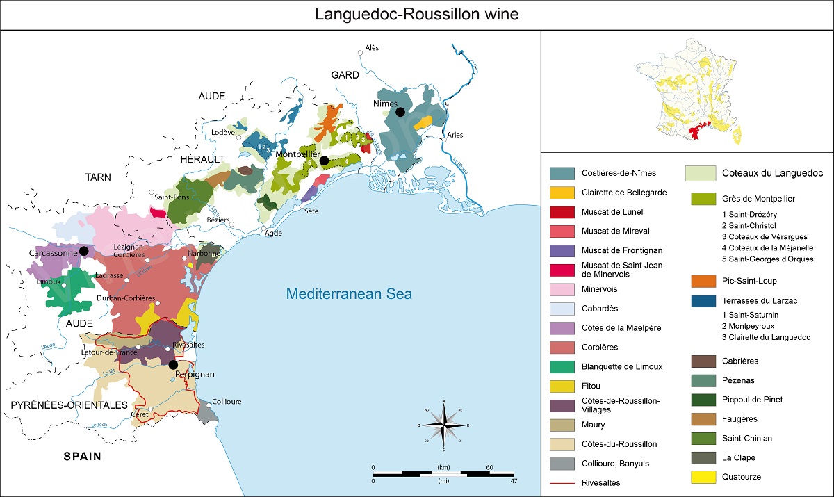 Bản đồ rượu vang Languedoc-Roussillon Pháp