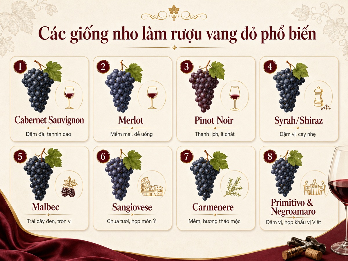 Các giống nho làm rượu vang đỏ phổ biến